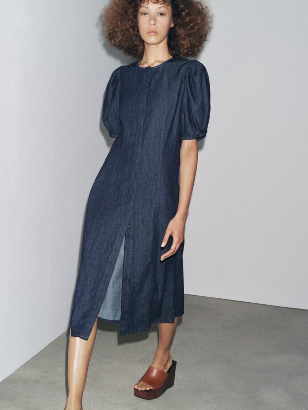 ZARA ZW Collection Denim Midi Dress Blue Puff Sleeve Cotton Summe Size M XL NWT